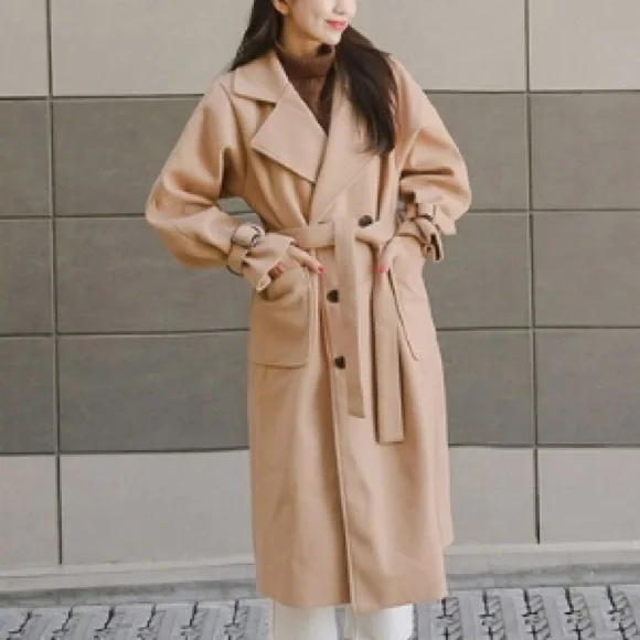 Taupe brown korean oversized belted coat - Picture 4 of 4